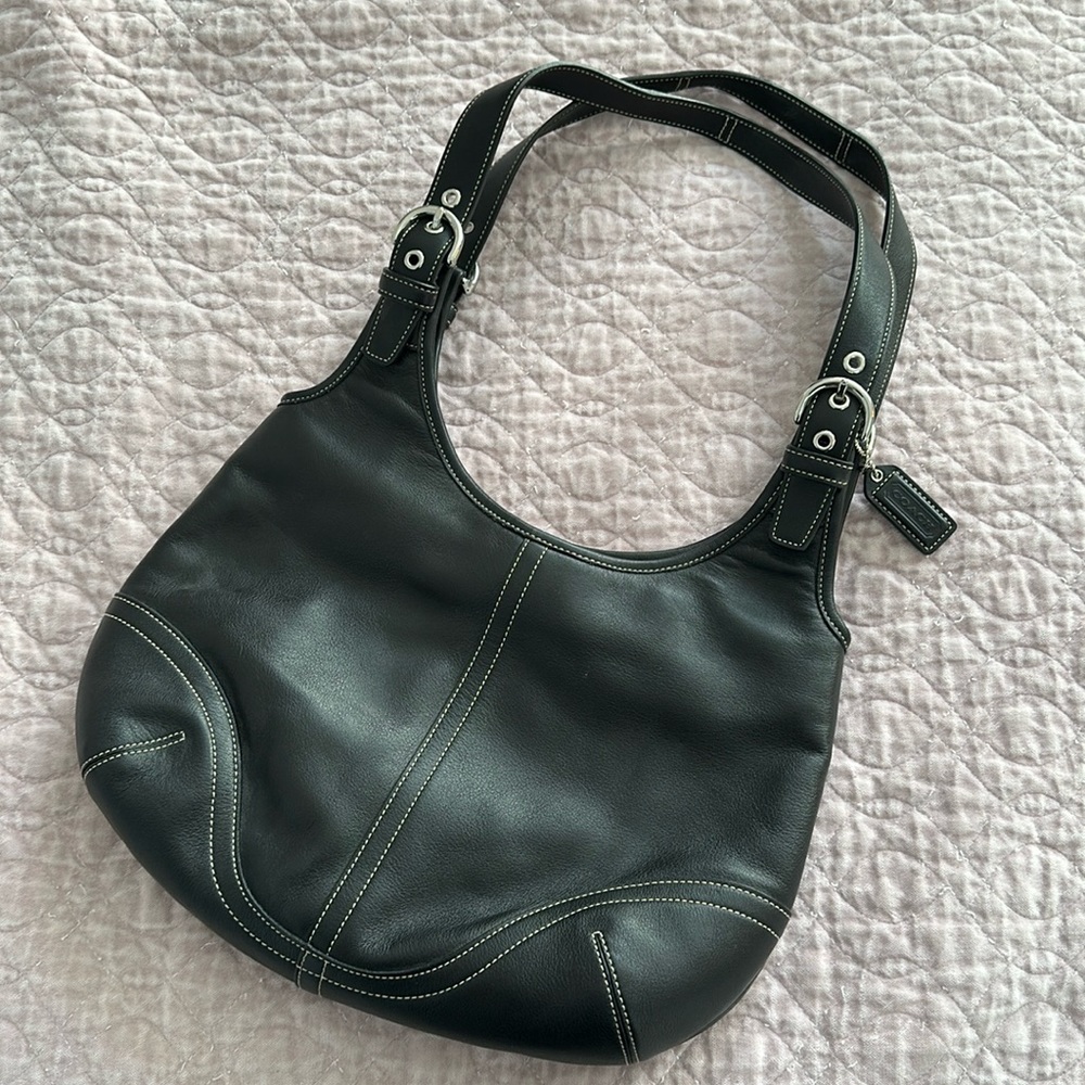 Coach Black Leather Shoulder Bag with White Contrast Stitching